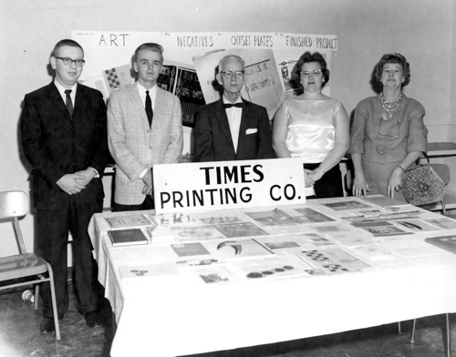 Times Printing participated in a job fair at Alabama College shortly after moving into the new plant in the Whaley Shopping Center. Mack Wyatt is in the center with two of his Times employees to his right and his daughter-in-law, Betty Wyatt, and his wife, Vedie to his left.